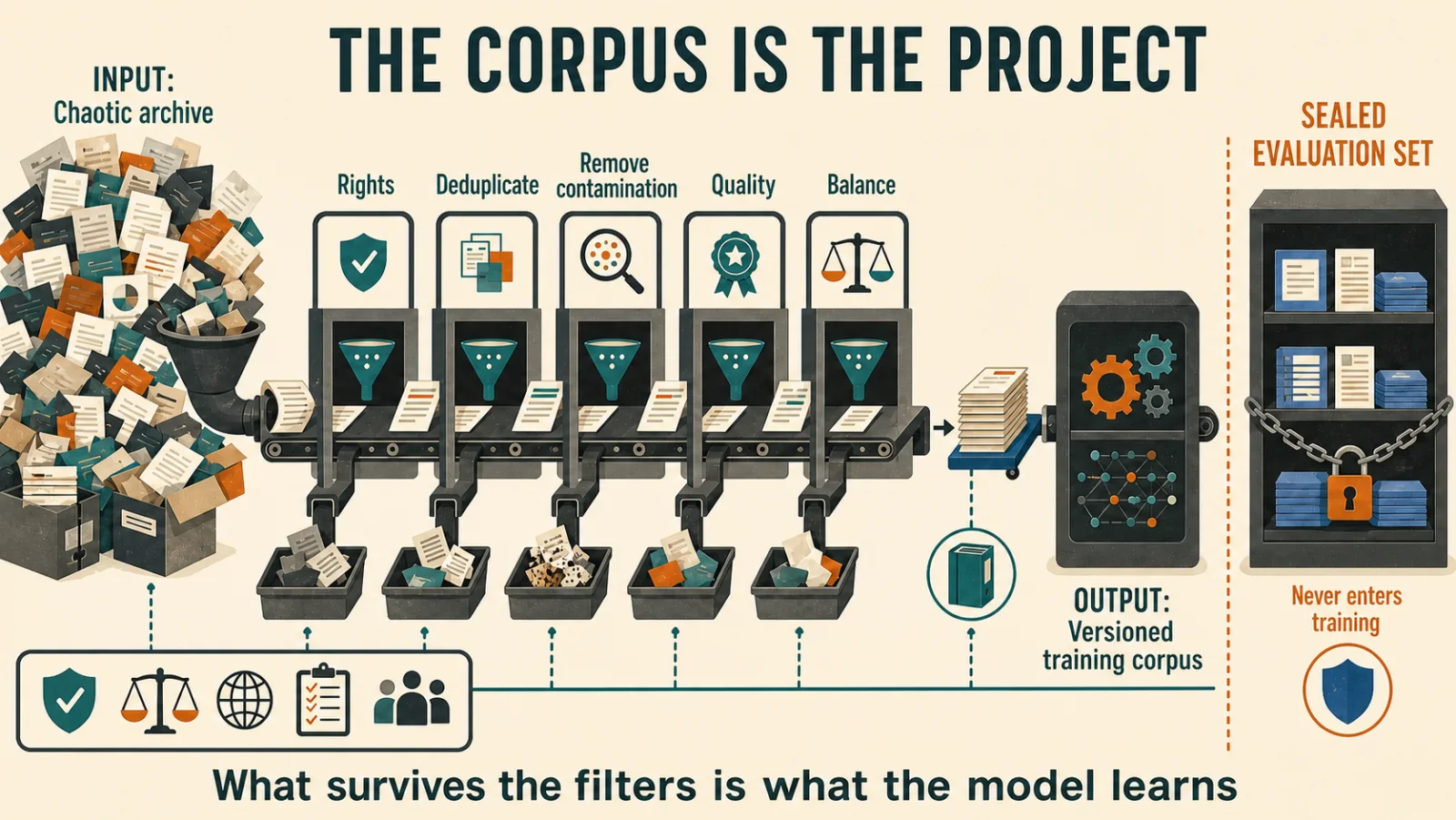 A disordered archive passes through filters for rights, duplication, contamination, quality and balance. A sealed evaluation collection stays outside training.