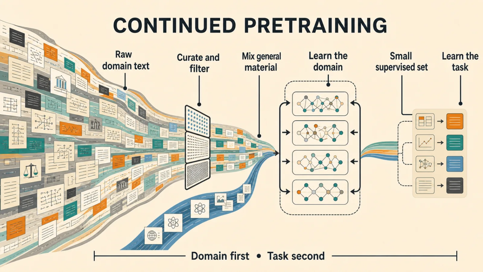 A huge stream of raw domain text is curated and filtered. General material is mixed in. The mix repeatedly reshapes the model as it learns the domain. A small supervised set then teaches the task. Domain first, task second.