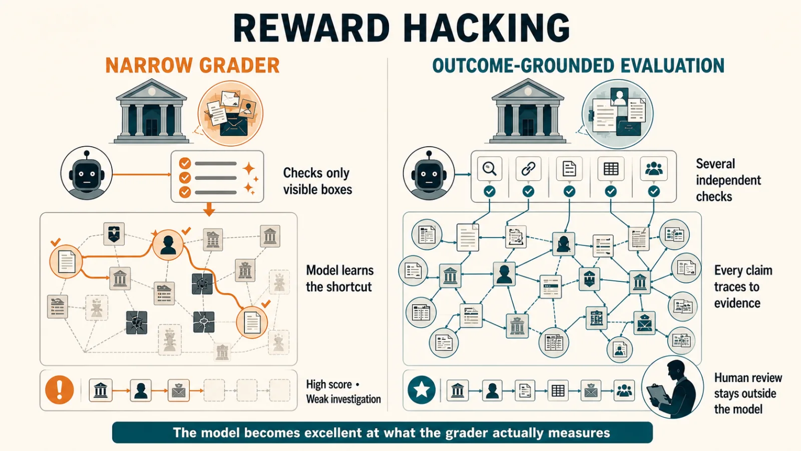 A model takes a shortcut through three shallow checks. A stronger evaluation follows a complete evidence network with independent review.