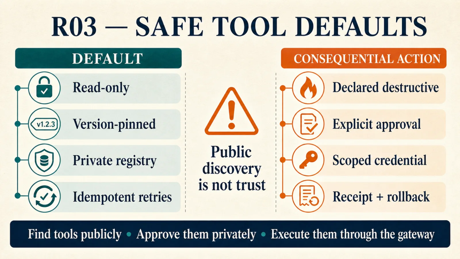 Default tools are read-only, version-pinned, held in a private registry, and safe to retry. Tools that can cause real change are declared destructive, need explicit approval, use a scoped credential, and return a receipt with a way to roll back. A warning in the middle says public discovery is not trust. The footer reads: find tools publicly, approve them privately, execute them through the gateway.