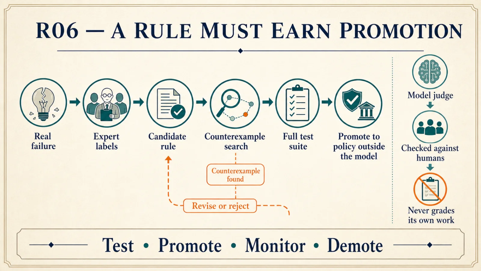 A real failure is labelled by experts and turned into a candidate rule. A counterexample search tries to break the rule. If a counterexample is found, the rule goes back for revision or rejection. A rule that survives then runs against the full test suite. It is promoted to policy outside the model. Beside the flow, a model judge is checked against humans and never grades its own work. The cycle is test, promote, monitor, demote.