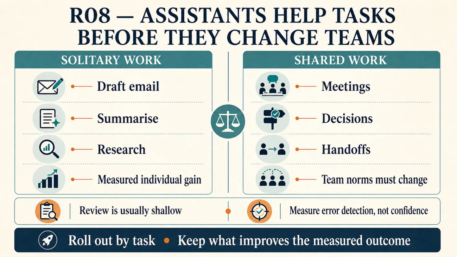 Two panels. Solitary work covers drafting email, summarising and research, with a measured individual gain. Shared work covers meetings, decisions and handoffs, where team norms must change. Two notes sit underneath. Review is usually shallow. Measure error detection, not confidence. The bottom line reads: roll out by task, and keep what improves the measured outcome.