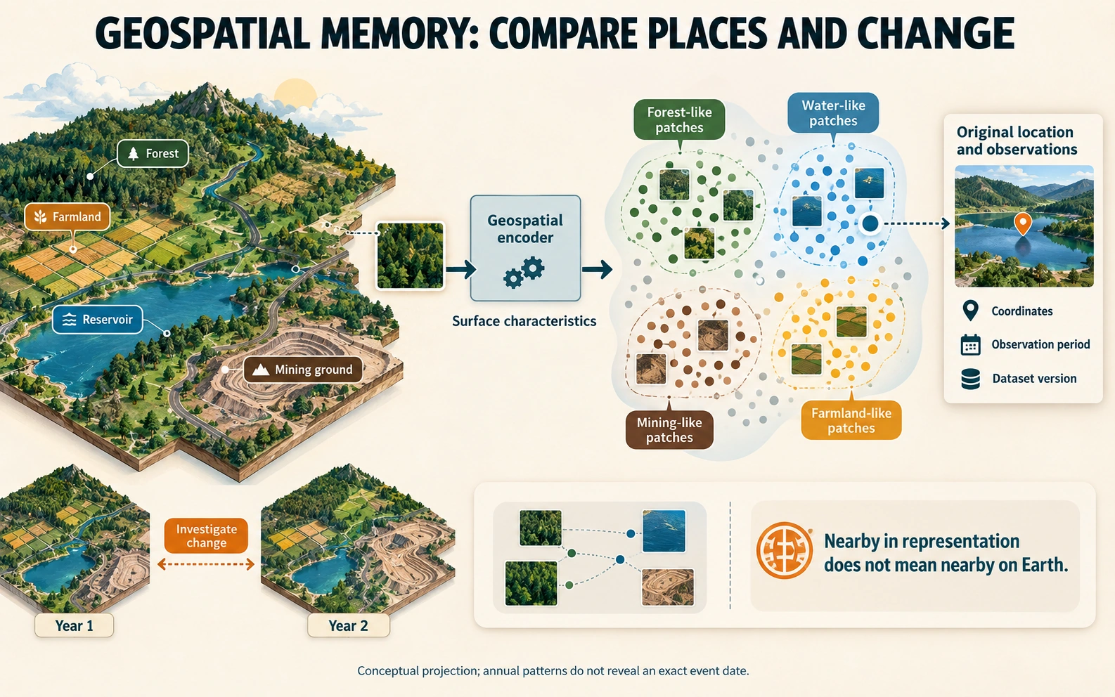Earth patches containing forest, water, fields, and mining ground map into groups by learned surface characteristics rather than physical distance. Yearly representations can be compared, while coordinates, observation intervals, and source observations remain attached.