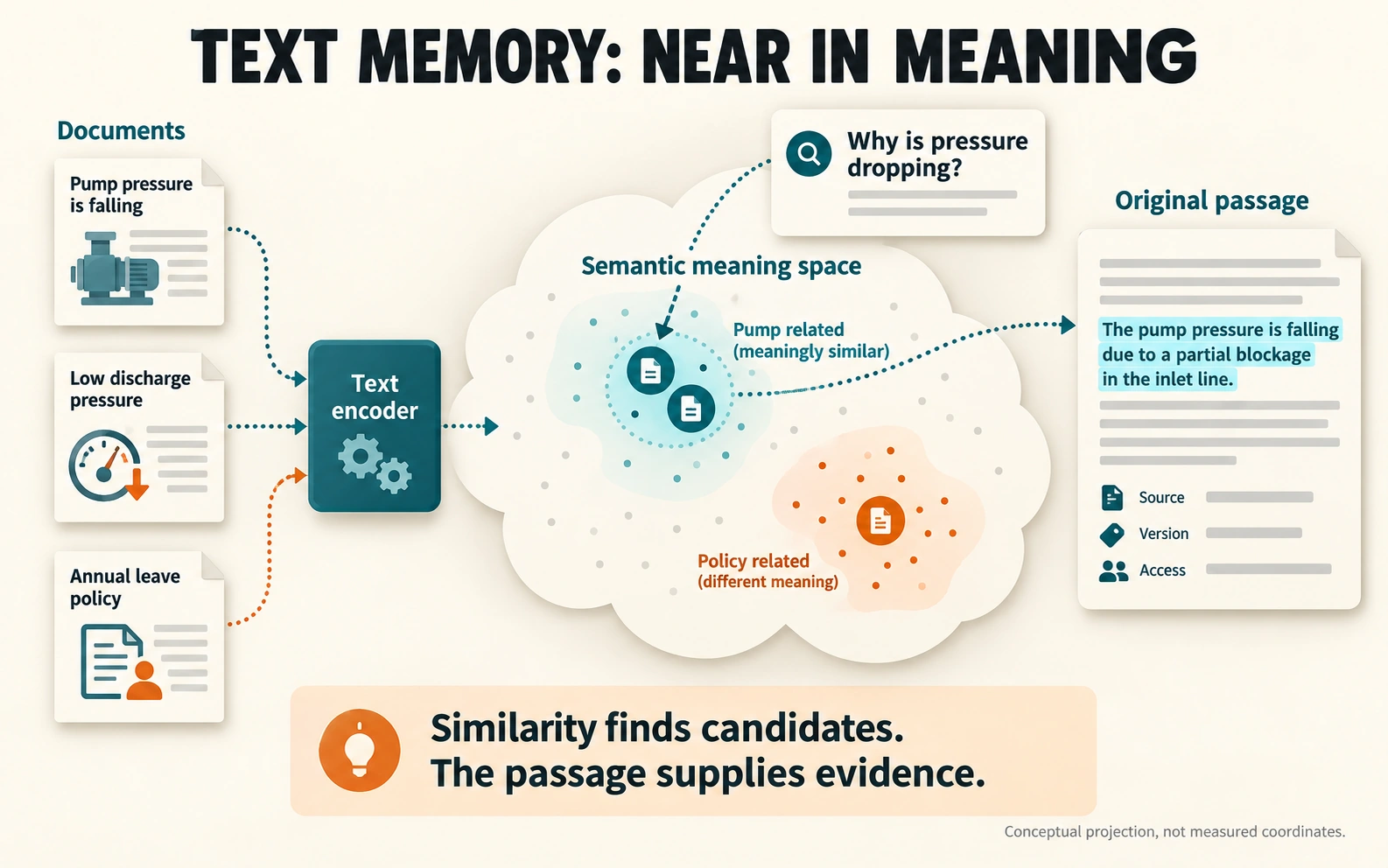 Text encoder maps two differently worded pump-pressure passages near each other and a leave-policy passage elsewhere. A query retrieves nearby passages while retaining the original source, version, and permissions.
