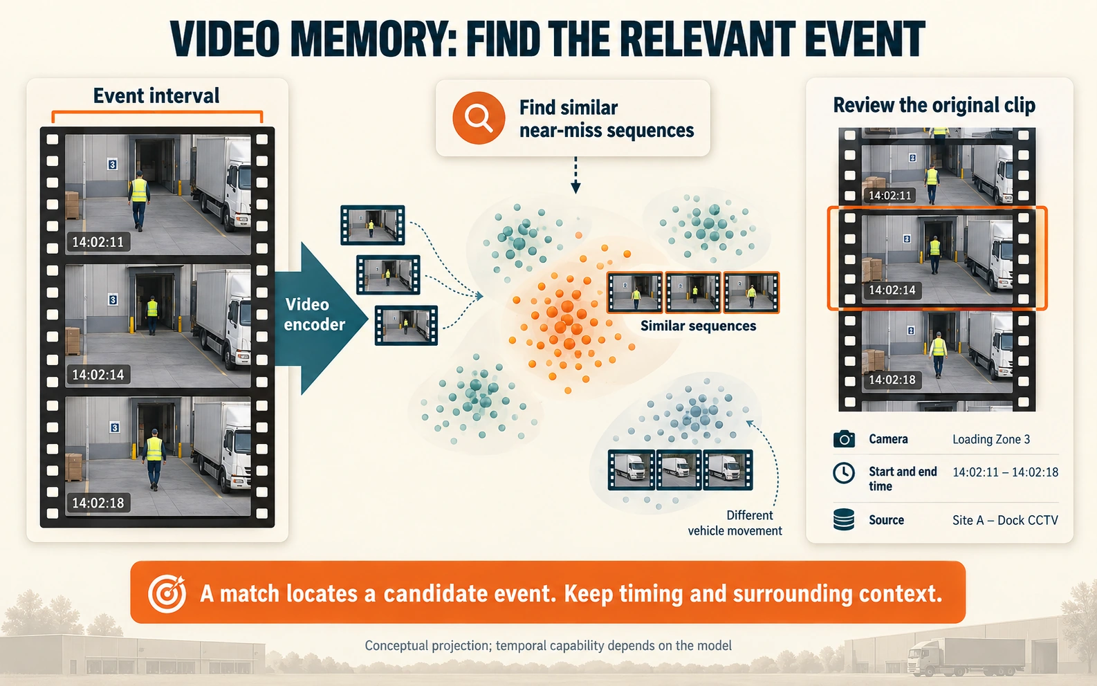 A timestamped CCTV clip becomes a representation of an event interval. Similar filmstrips are grouped together; a retrieved result opens the original clip with its camera, start and end time, and surrounding context.