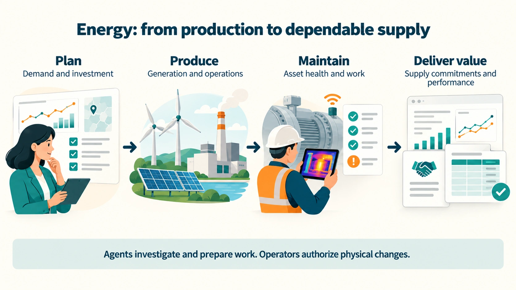 Four parts of energy work, left to right. Plan: demand and investment. Produce: generation and operations. Maintain: asset health and work. Deliver value: supply commitments and performance. A banner says agents investigate and prepare work, and operators authorise physical changes.