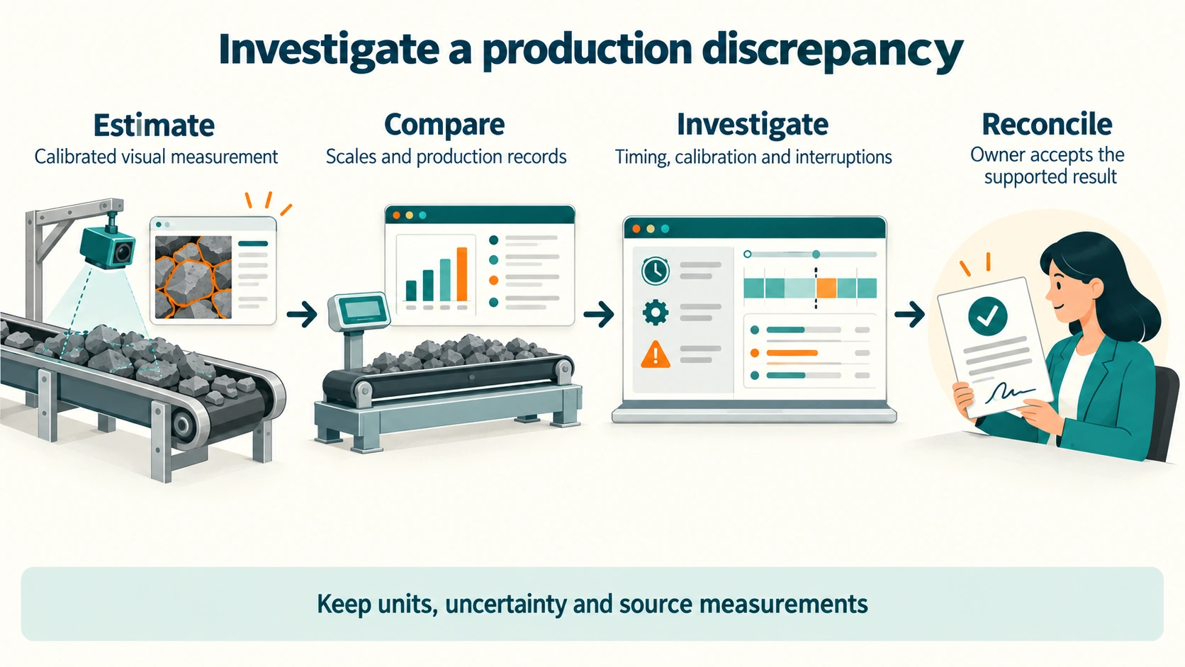 Four steps, left to right. Estimate: a camera above a conveyor makes a calibrated visual measurement. Compare: scales and production records. Investigate: timing, calibration and interruptions. Reconcile: an owner accepts the supported result. A banner says keep units, uncertainty and source measurements.