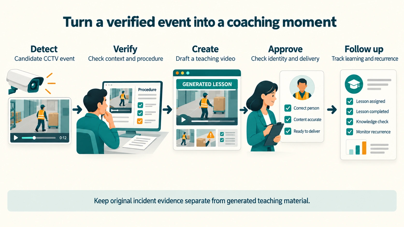 Five steps, left to right. Detect: a candidate CCTV event. Verify: check the context and the procedure. Create: draft a teaching video, clearly labelled as generated. Approve: check the right person, accurate content and readiness to deliver. Follow up: track the lesson and watch for the same behaviour again. A banner says keep the original incident evidence separate from generated teaching material.