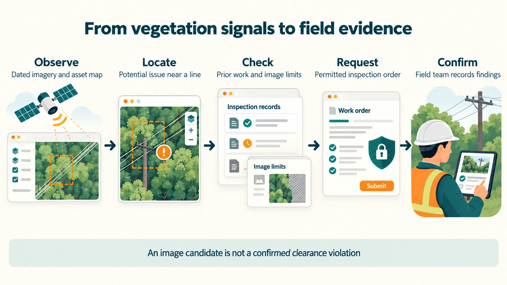 Five panels from left to right. Observe: dated imagery and an asset map. Locate: a possible issue near a line. Check: past inspection records and the limits of the image. Request: a permitted inspection order. Confirm: a field worker records the findings on a tablet. A banner reads: an image candidate is not a confirmed clearance breach.
